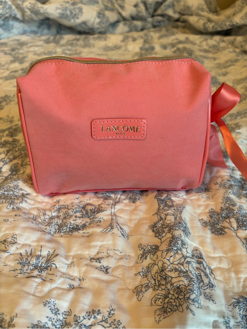 Lancome Coral Pink Cosmetic Pouch with Ribbon Pull